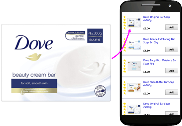 pack shot of Dove beauty cream bar, together with a screenshot of a mobile search results page