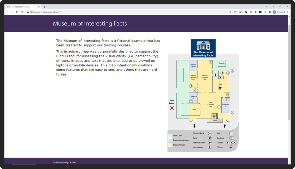 screenshot of a fictitious website containing a map of the Museum of interesting facts